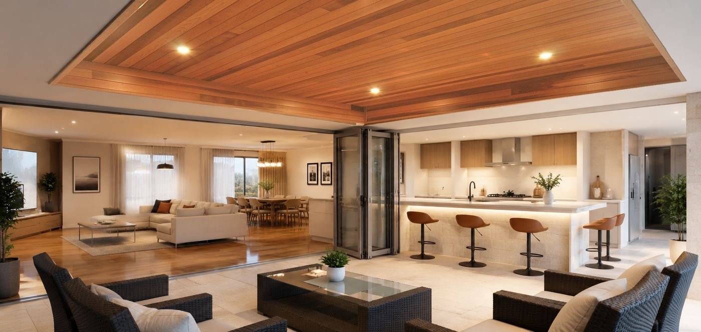 Cedar timber lining ceiling in outdoor entertaining area