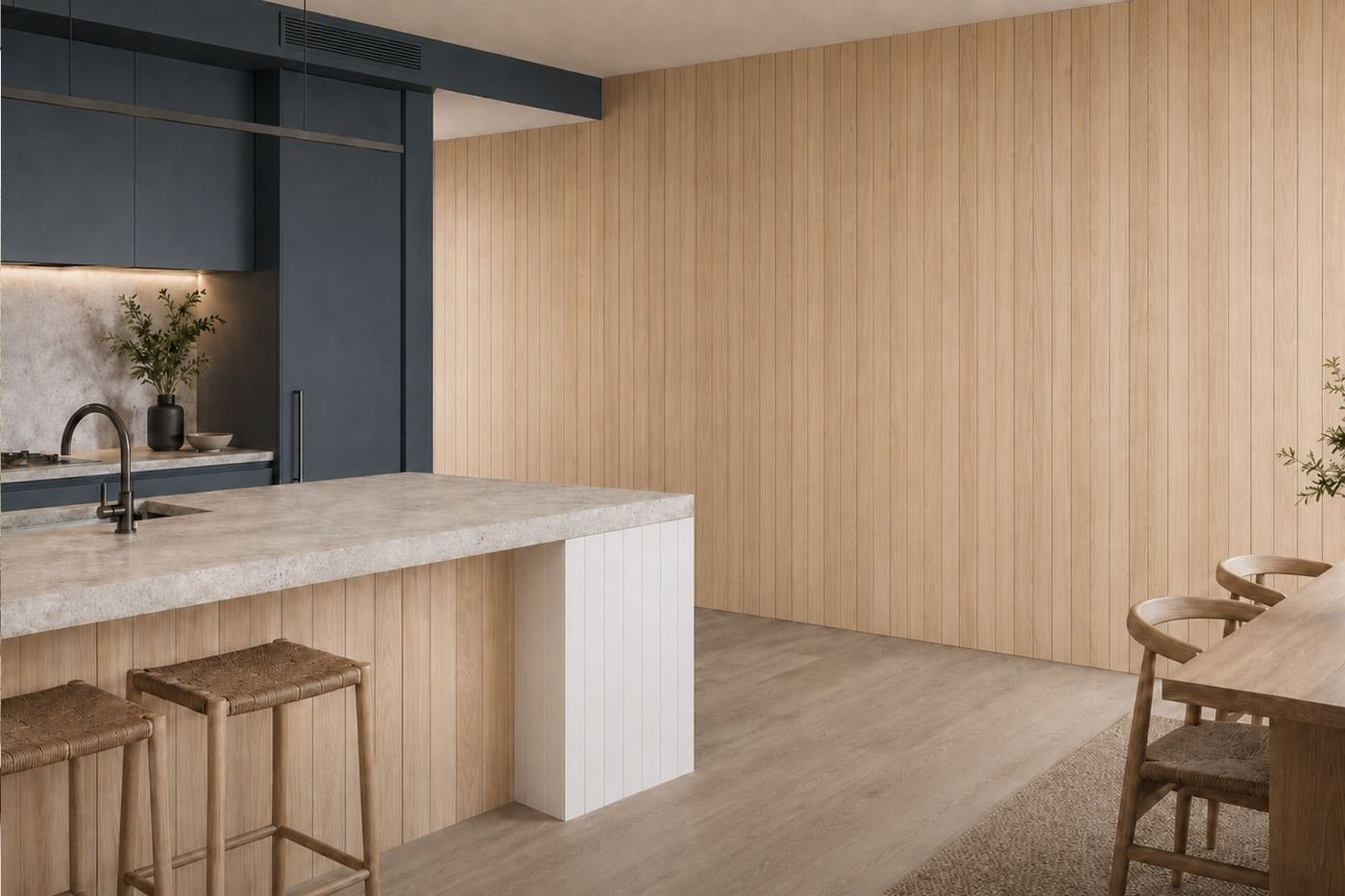 Ash timber lining boards in a contemporary kitchen