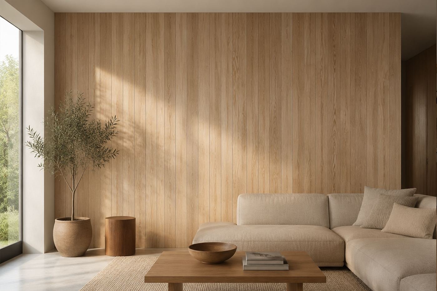 Ash timber lining feature wall in a contemporary lounge